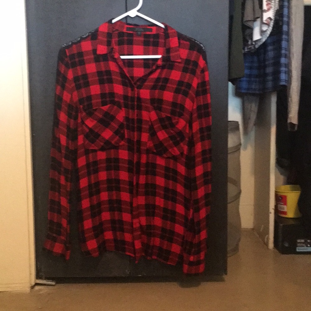 Red and black flannel with lace on arms